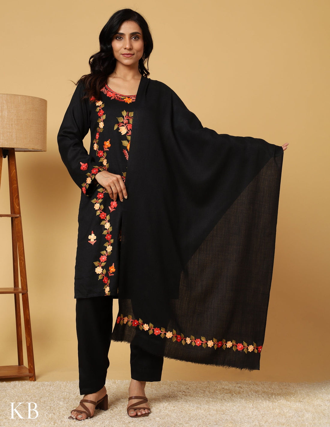 Raven Black Aari Embroidered Woolen Suit Set - Kashmir Box