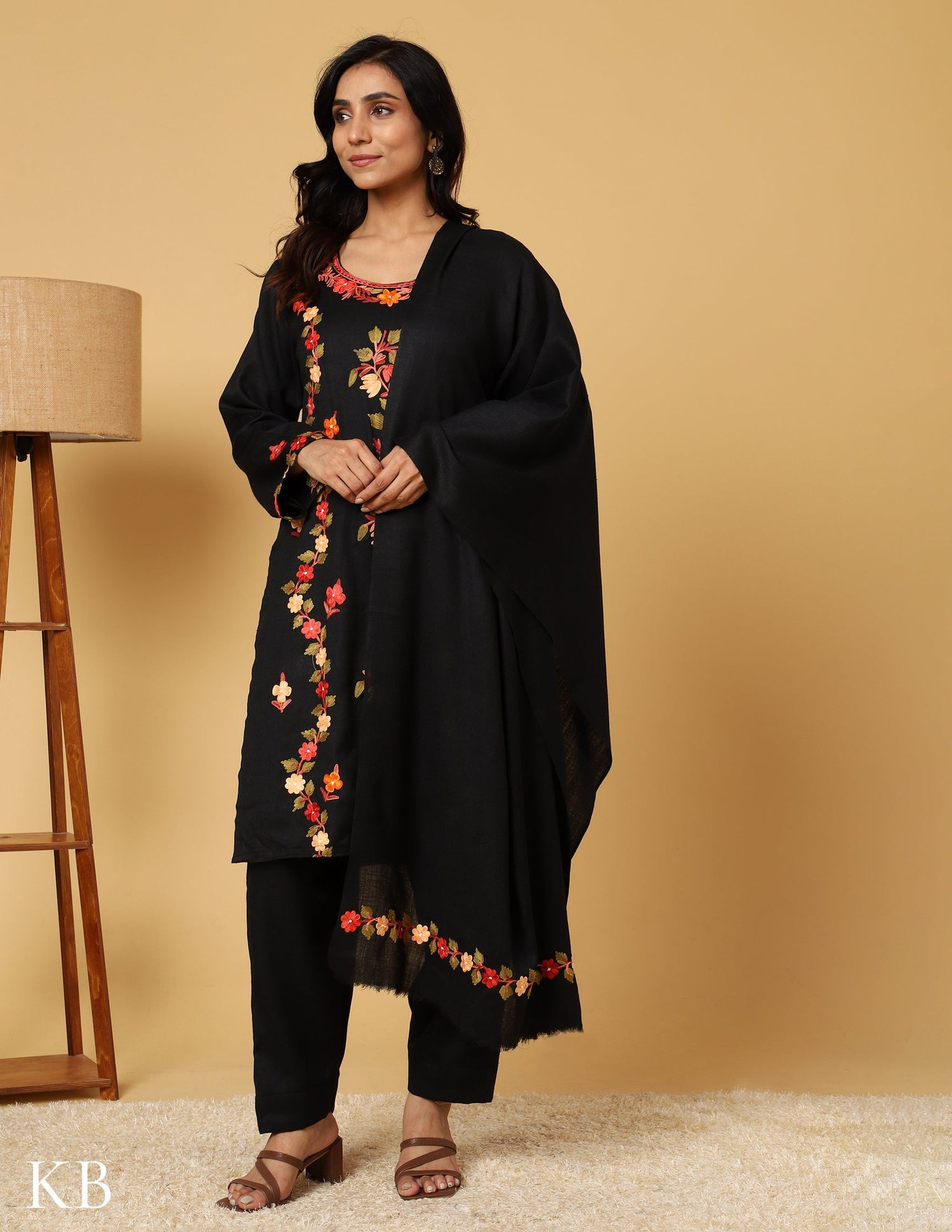 Raven Black Aari Embroidered Woolen Suit Set - Kashmir Box