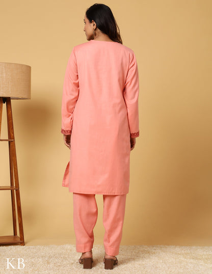 Peach Blossom Aari Embroidered Woolen Suit - Kashmir Box