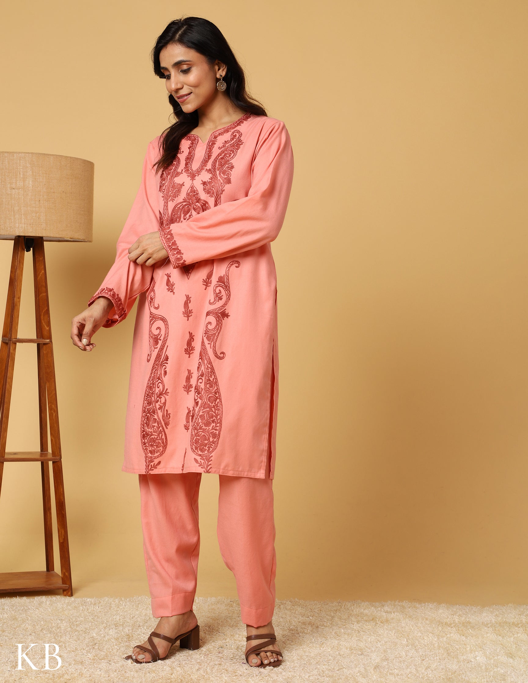 Peach Blossom Aari Embroidered Woolen Suit - Kashmir Box