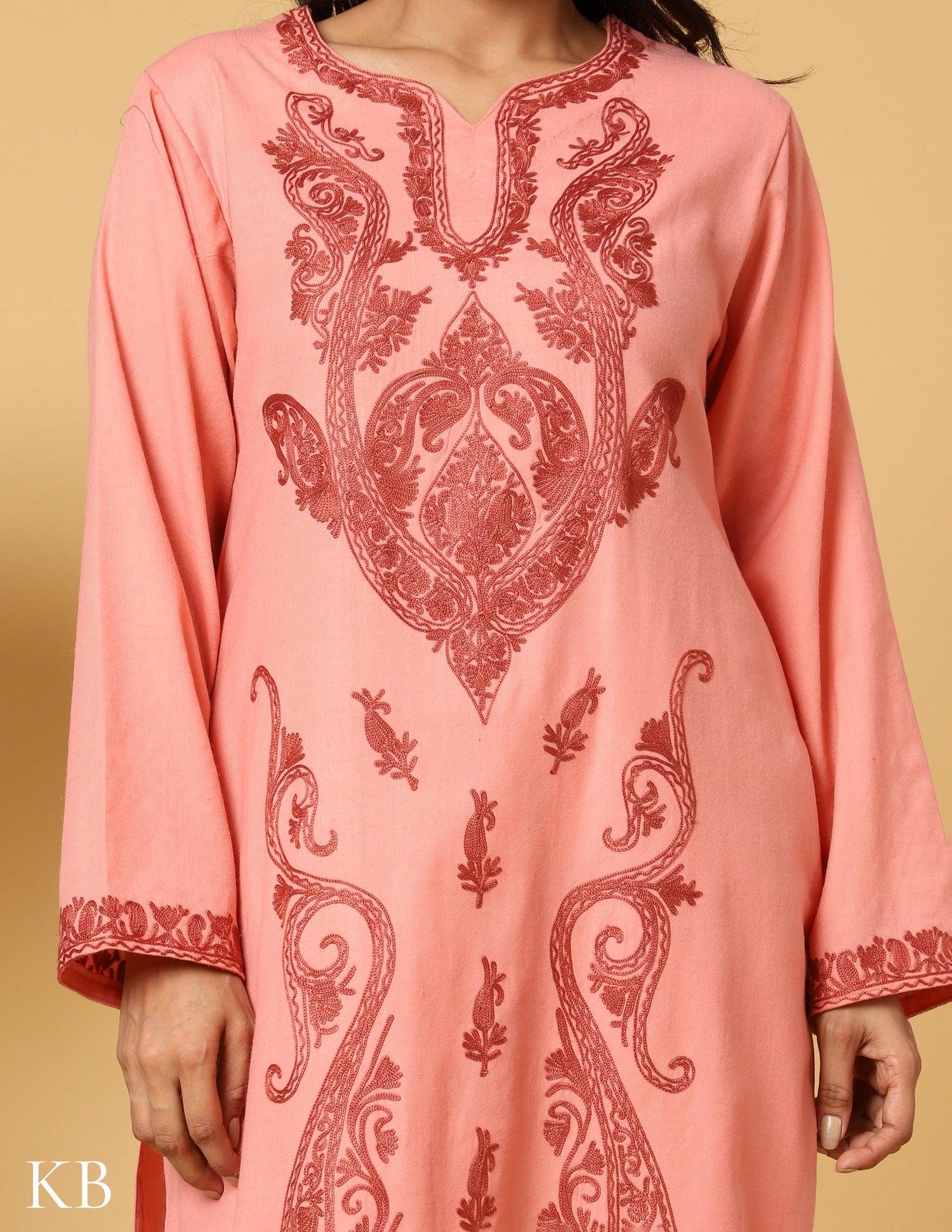 Peach Blossom Aari Embroidered Woolen Suit - Kashmir Box