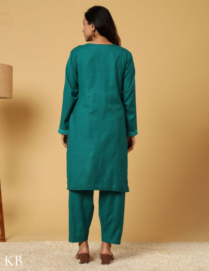 Tone On Tone Green Aari Embroidered Woolen Suit - Kashmir Box