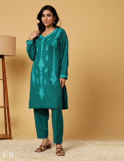 Tone On Tone Green Aari Embroidered Woolen Suit - Kashmir Box