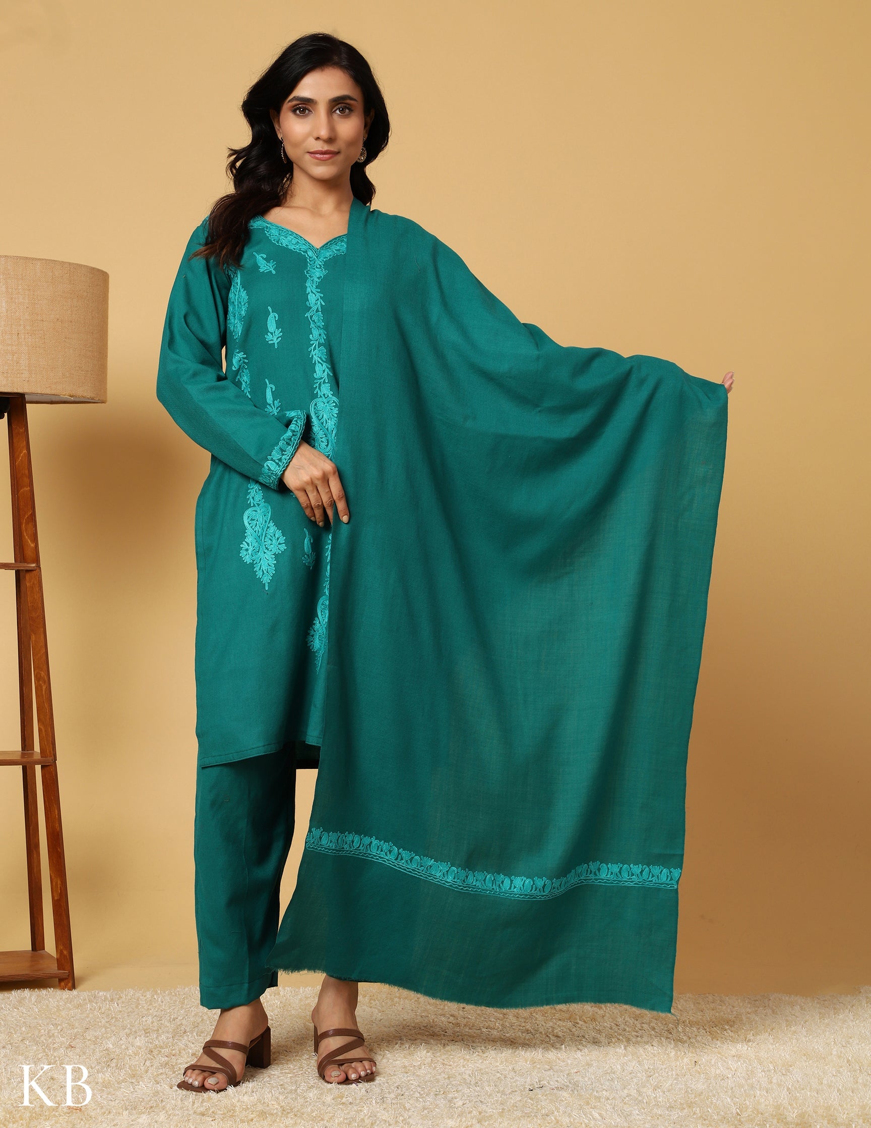 Tone On Tone Green Aari Embroidered Woolen Suit - Kashmir Box