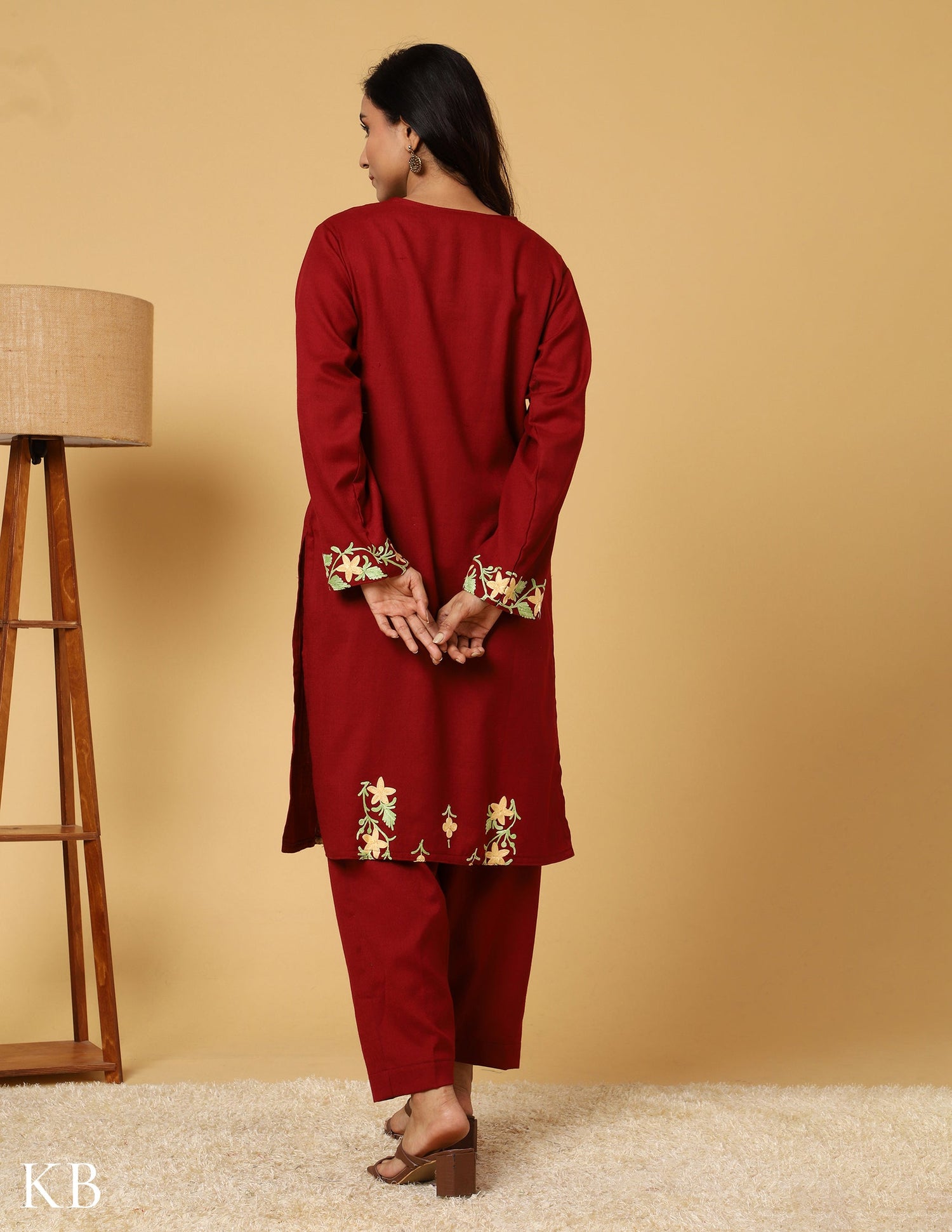 Deep Maroon Aari Embroidered Woolen Suit - Kashmir Box