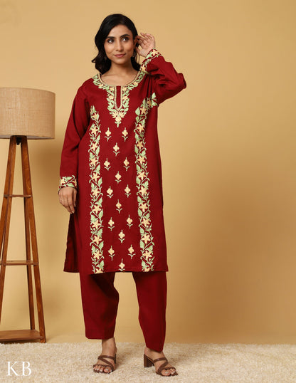 Deep Maroon Aari Embroidered Woolen Suit - Kashmir Box