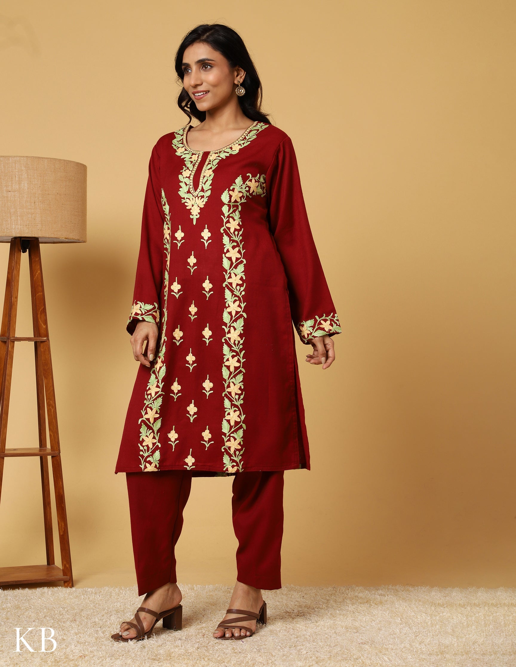 Deep Maroon Aari Embroidered Woolen Suit - Kashmir Box