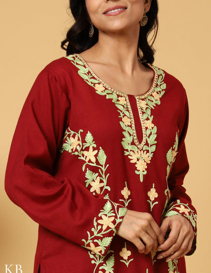 Deep Maroon Aari Embroidered Woolen Suit - Kashmir Box