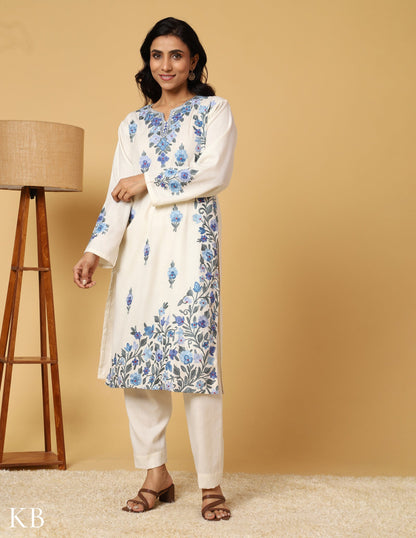 White Aari Embroidered Woolen Suit with Stole - Kashmir Box