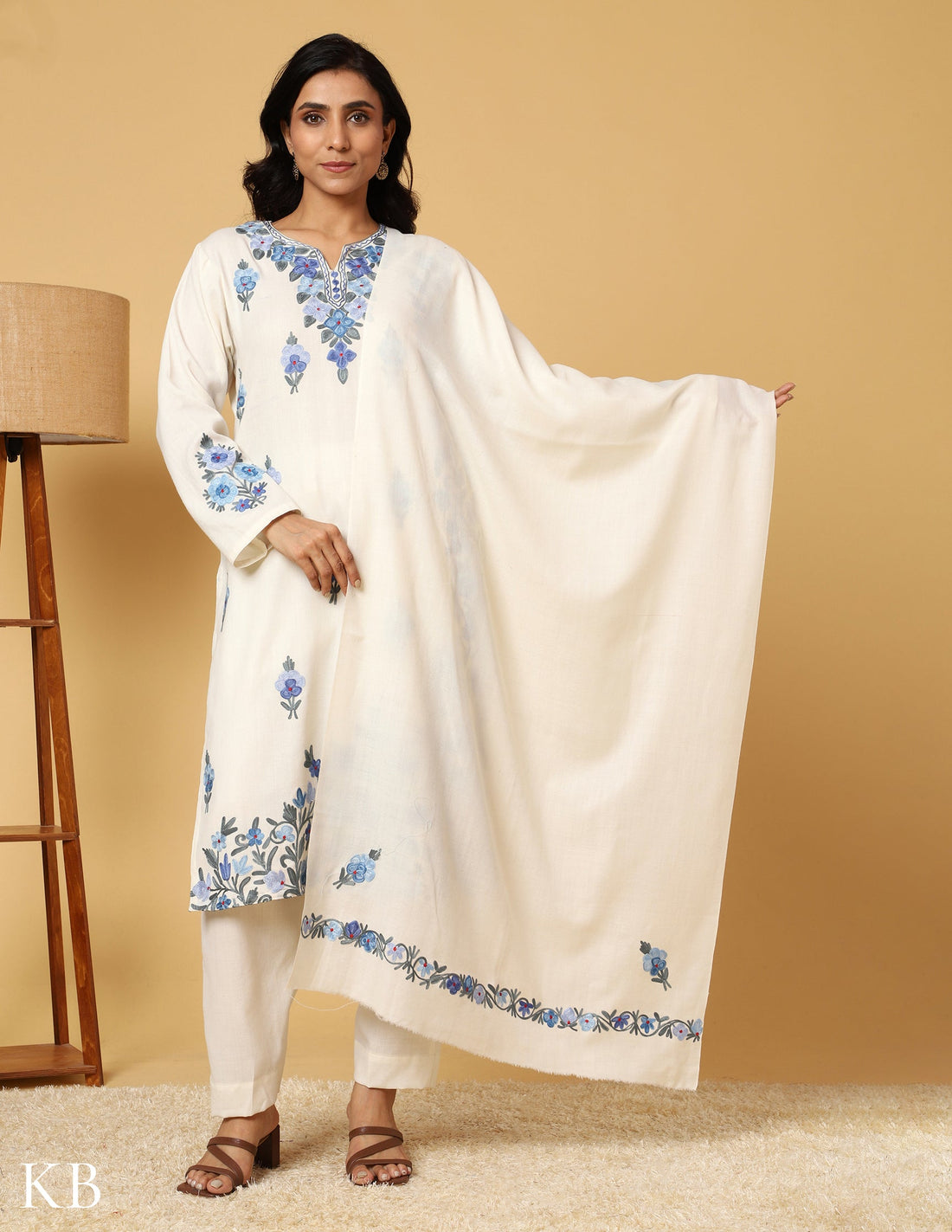 White Aari Embroidered Woolen Suit with Stole - Kashmir Box