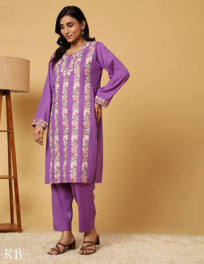 Lavender Haze Aari Embroidered Woolen Suit - Kashmir Box