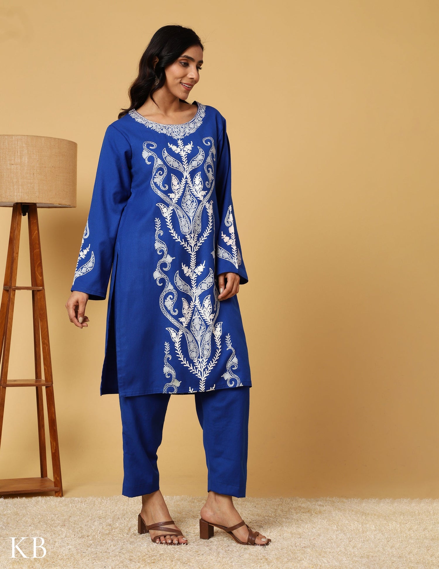 Egyptian Blue Aari Embroidered Woolen Suit - Kashmir Box