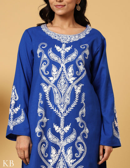 Egyptian Blue Aari Embroidered Woolen Suit - Kashmir Box