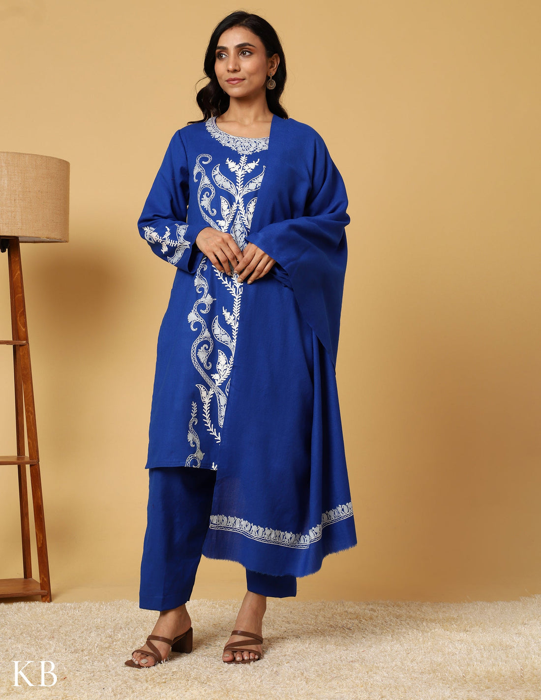 Egyptian Blue Aari Embroidered Woolen Suit - Kashmir Box