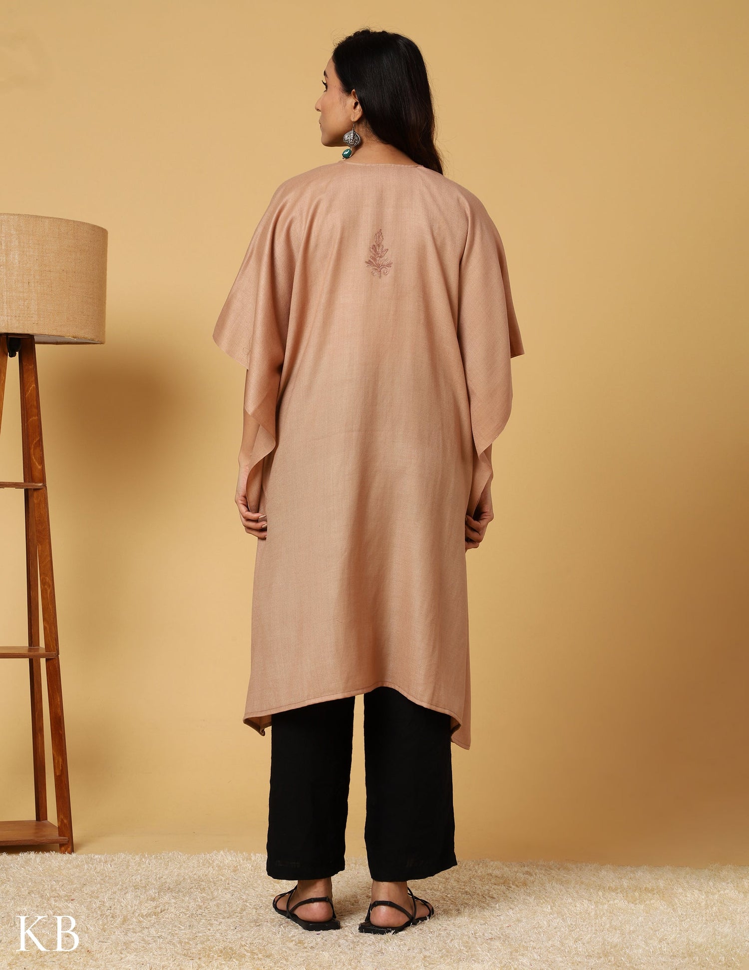 Warm Sand Aari Embroidered Woolen kaftan - Kashmir Box