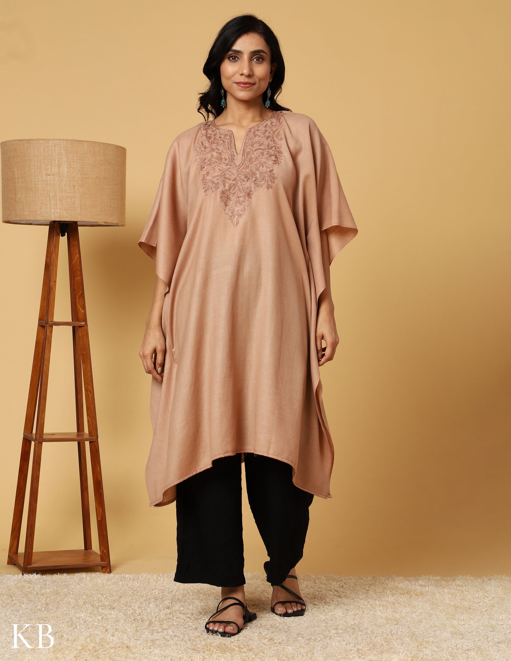 Warm Sand Aari Embroidered Woolen kaftan - Kashmir Box