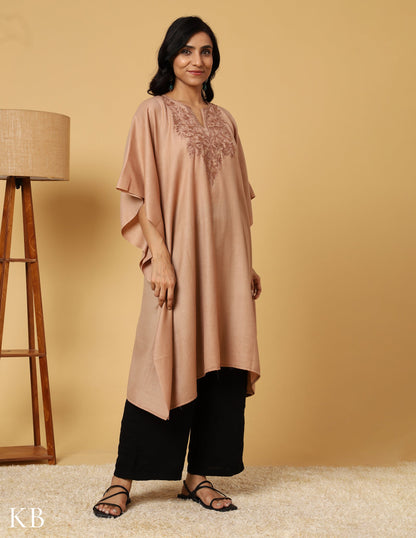 Warm Sand Aari Embroidered Woolen kaftan - Kashmir Box