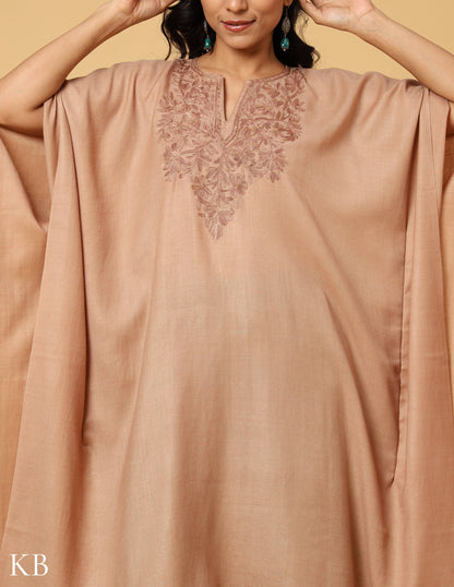 Warm Sand Aari Embroidered Woolen kaftan - Kashmir Box