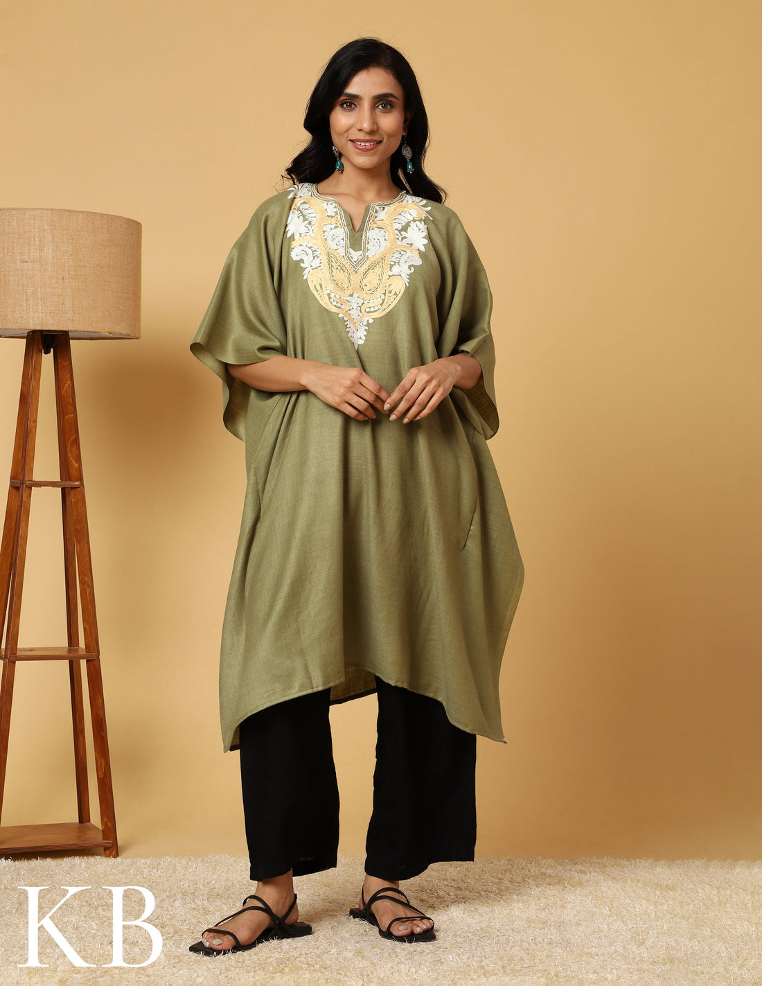 Moss Green Aari Embroidered Woolen Kaftan - Kashmir Box