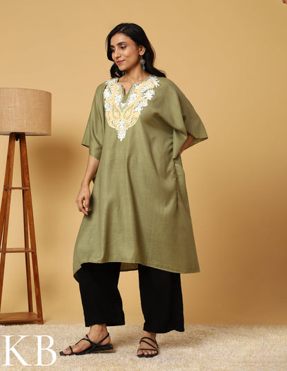 Moss Green Aari Embroidered Woolen Kaftan - Kashmir Box