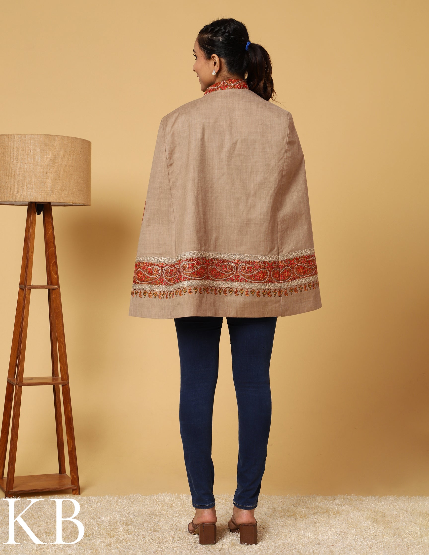 The Oxford Tan Sozni Zari Embroidered Woolen Cape Jacket - Kashmir Box