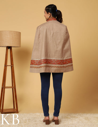 The Oxford Tan Sozni Zari Embroidered Woolen Cape Jacket - Kashmir Box