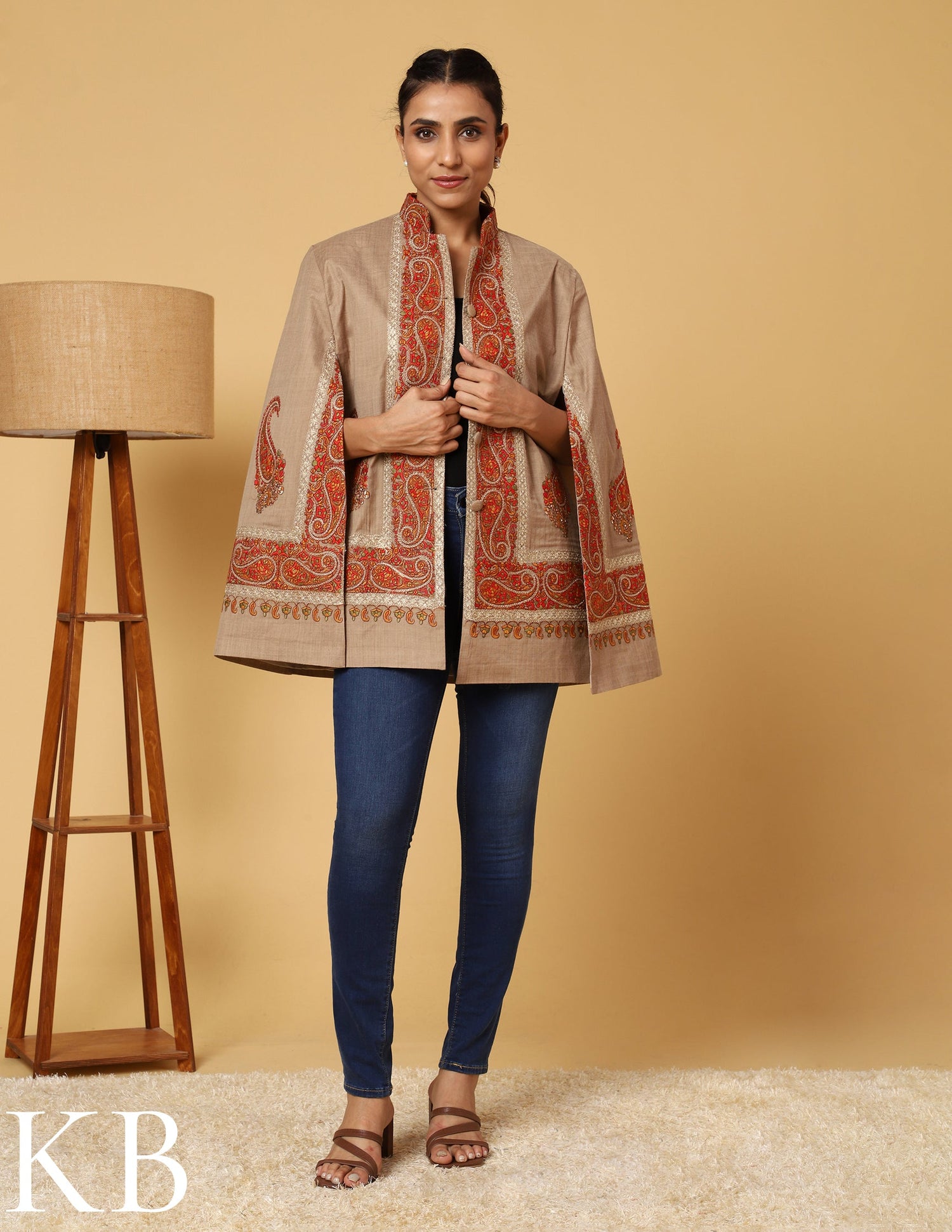 The Oxford Tan Sozni Zari Embroidered Woolen Cape Jacket - Kashmir Box