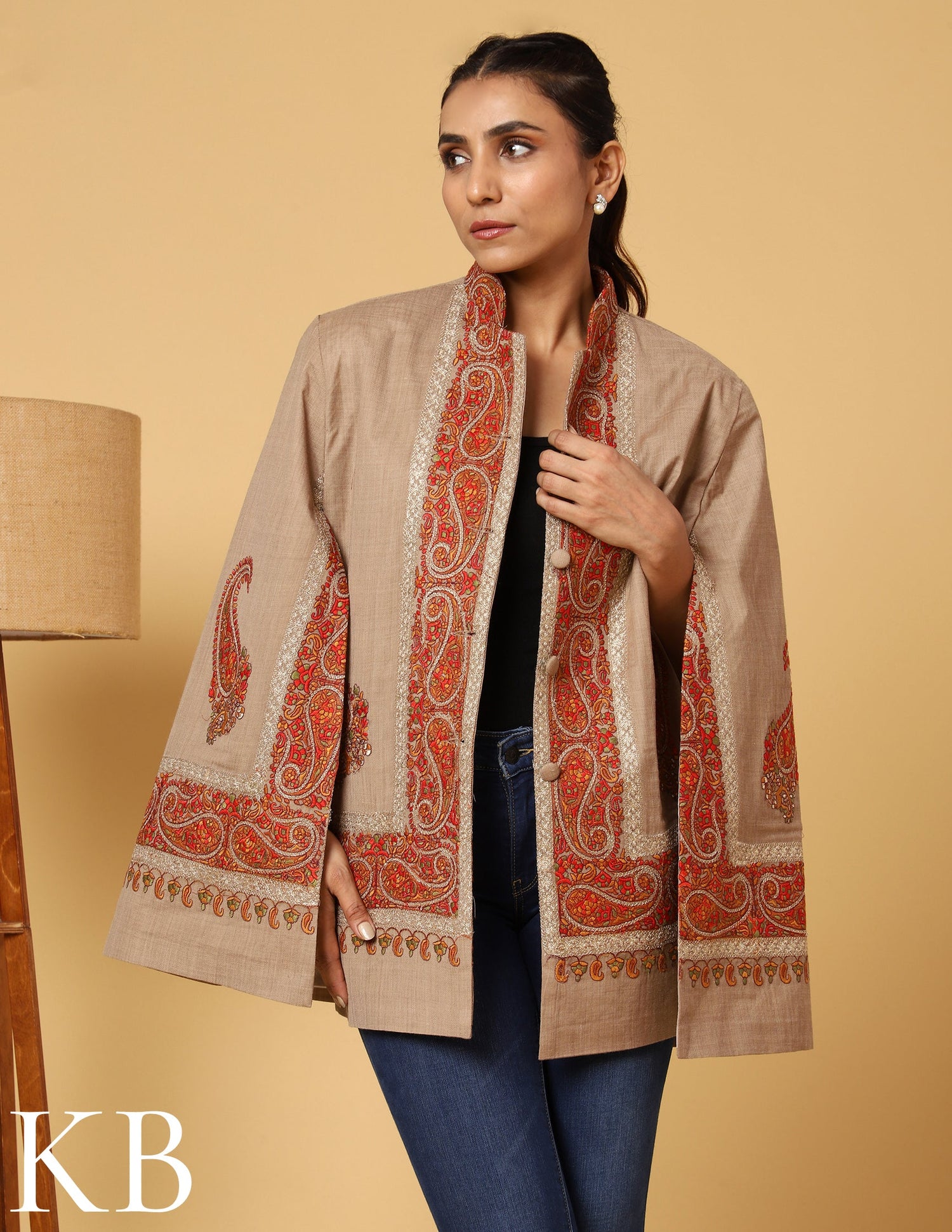 The Oxford Tan Sozni Zari Embroidered Woolen Cape Jacket - Kashmir Box