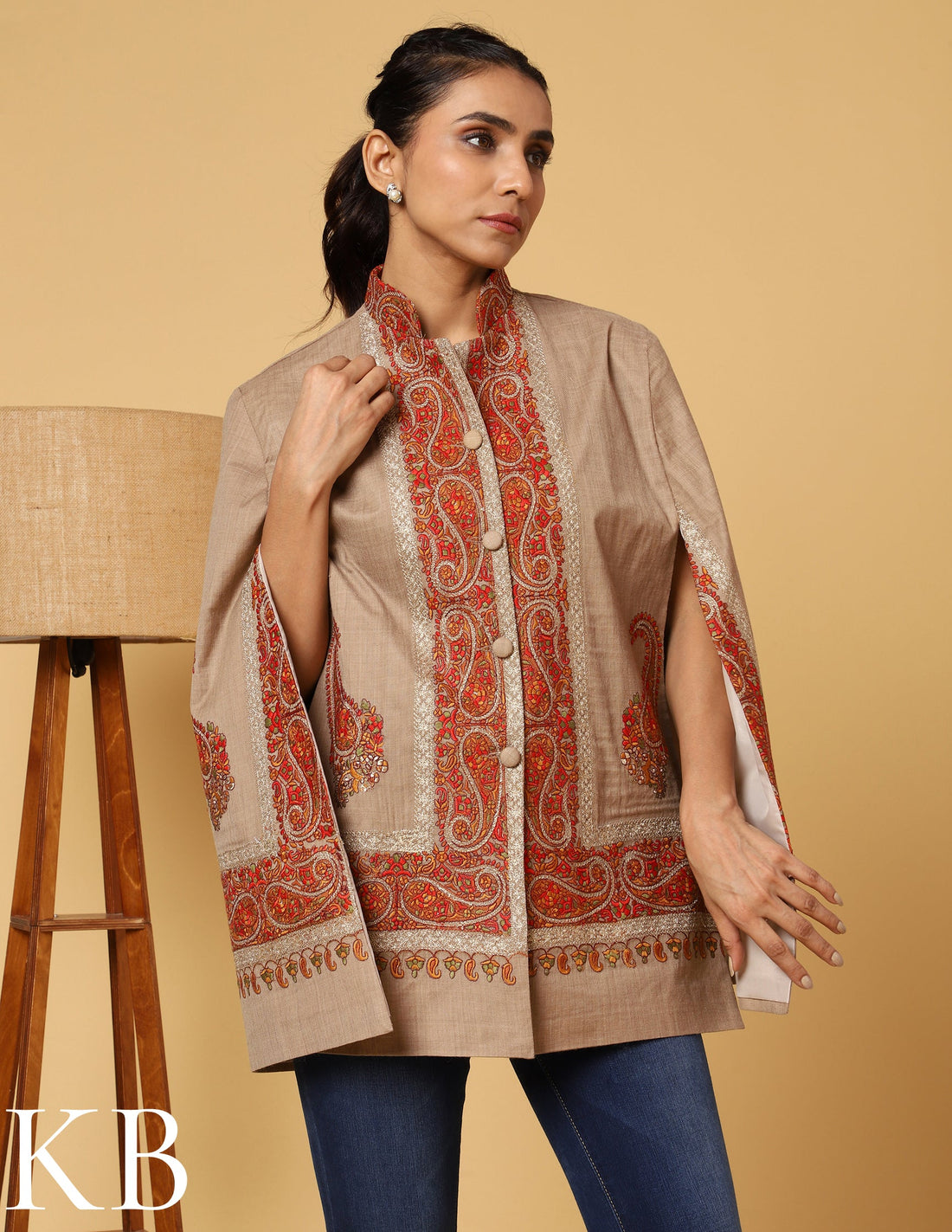 The Oxford Tan Sozni Zari Embroidered Woolen Cape Jacket - Kashmir Box