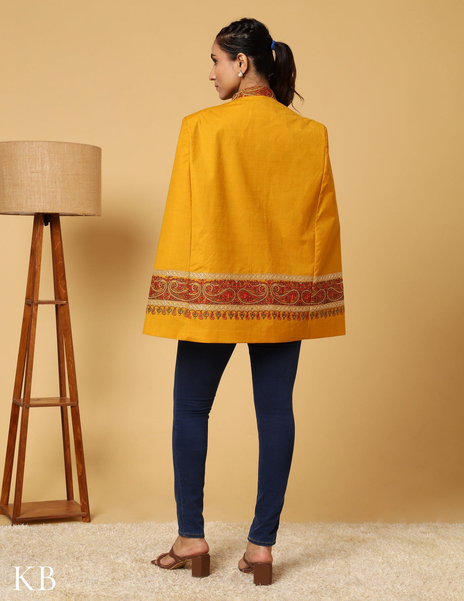 Golden Rod Sozni Zari Woolen Cape Jacket - Kashmir Box