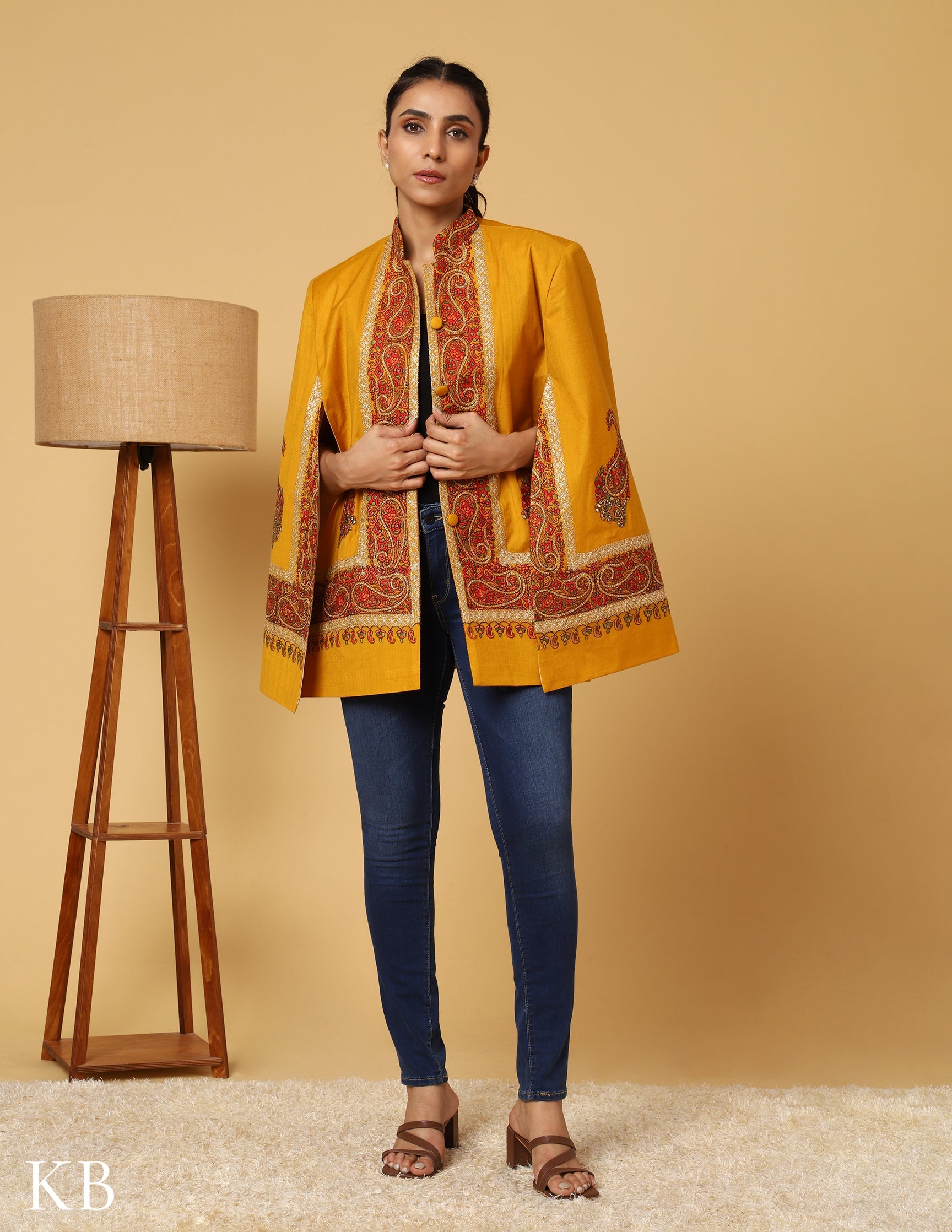 Golden Rod Sozni Zari Woolen Cape Jacket - Kashmir Box