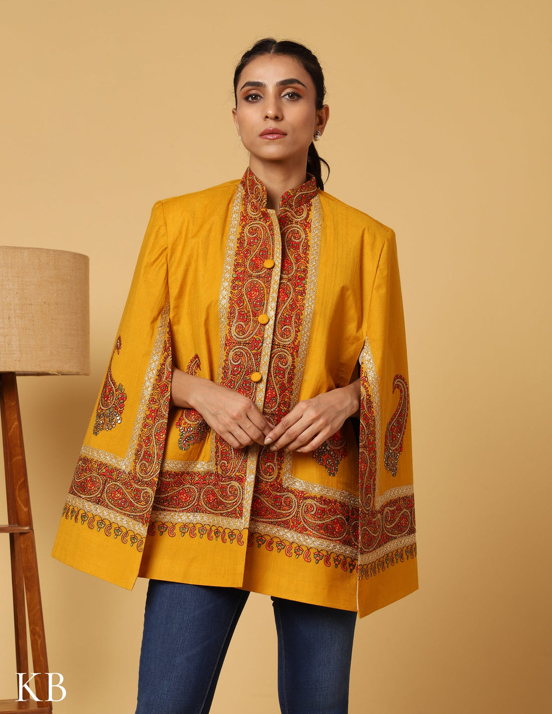 Golden Rod Sozni Zari Woolen Cape Jacket - Kashmir Box