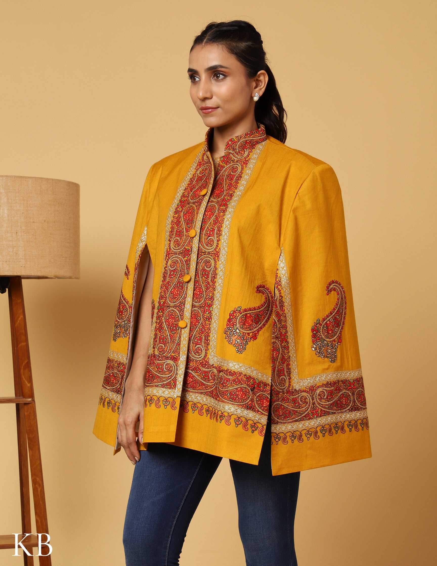 Golden Rod Sozni Zari Woolen Cape Jacket - Kashmir Box