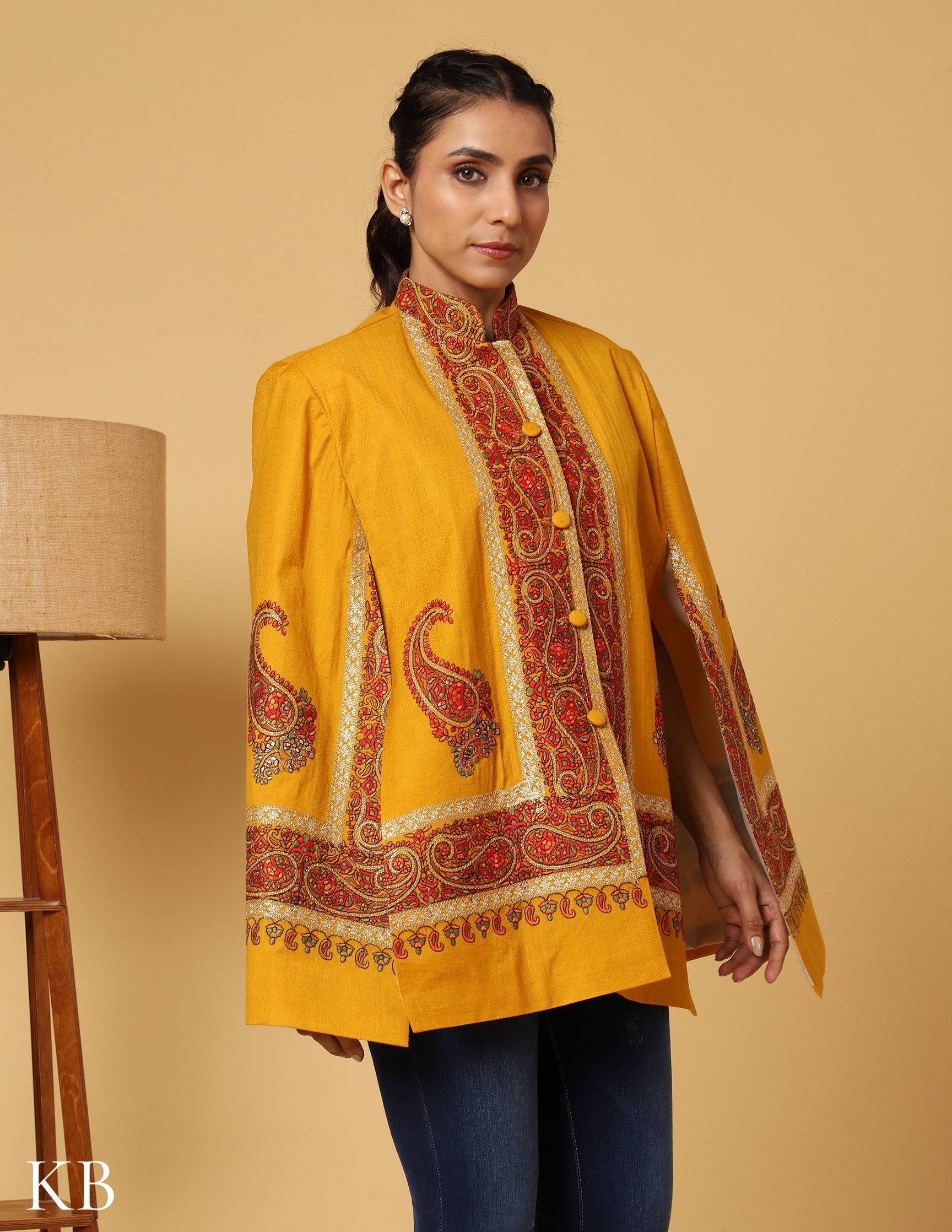 Golden Rod Sozni Zari Woolen Cape Jacket - Kashmir Box