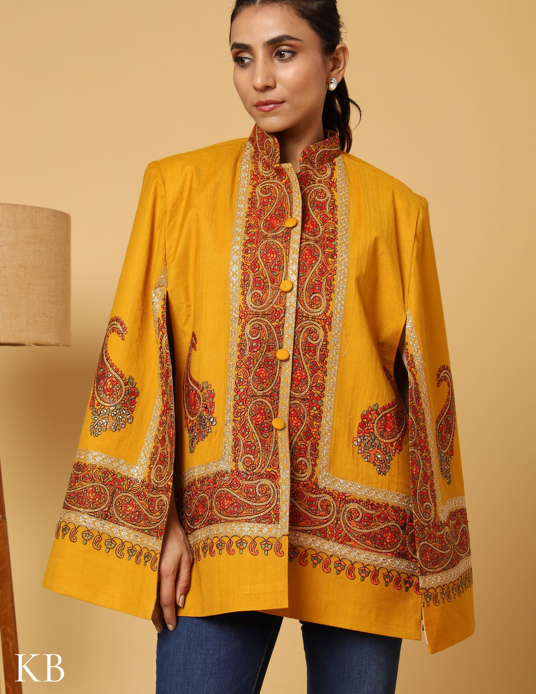 Golden Rod Sozni Zari Woolen Cape Jacket - Kashmir Box