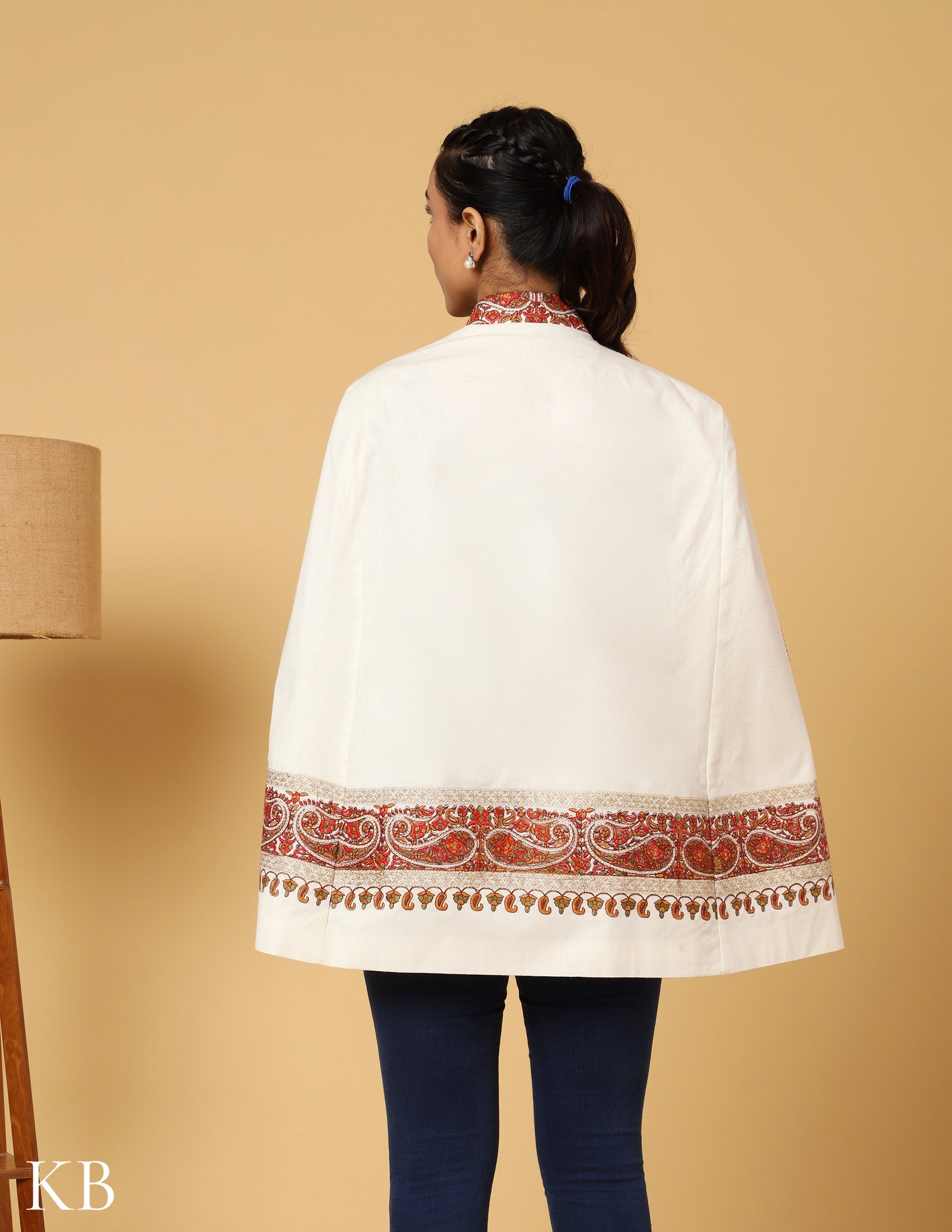 Bright White Sozni Zari Woolen Cape Jacket - Kashmir Box