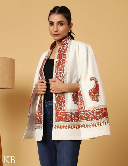 Bright White Sozni Zari Woolen Cape Jacket - Kashmir Box