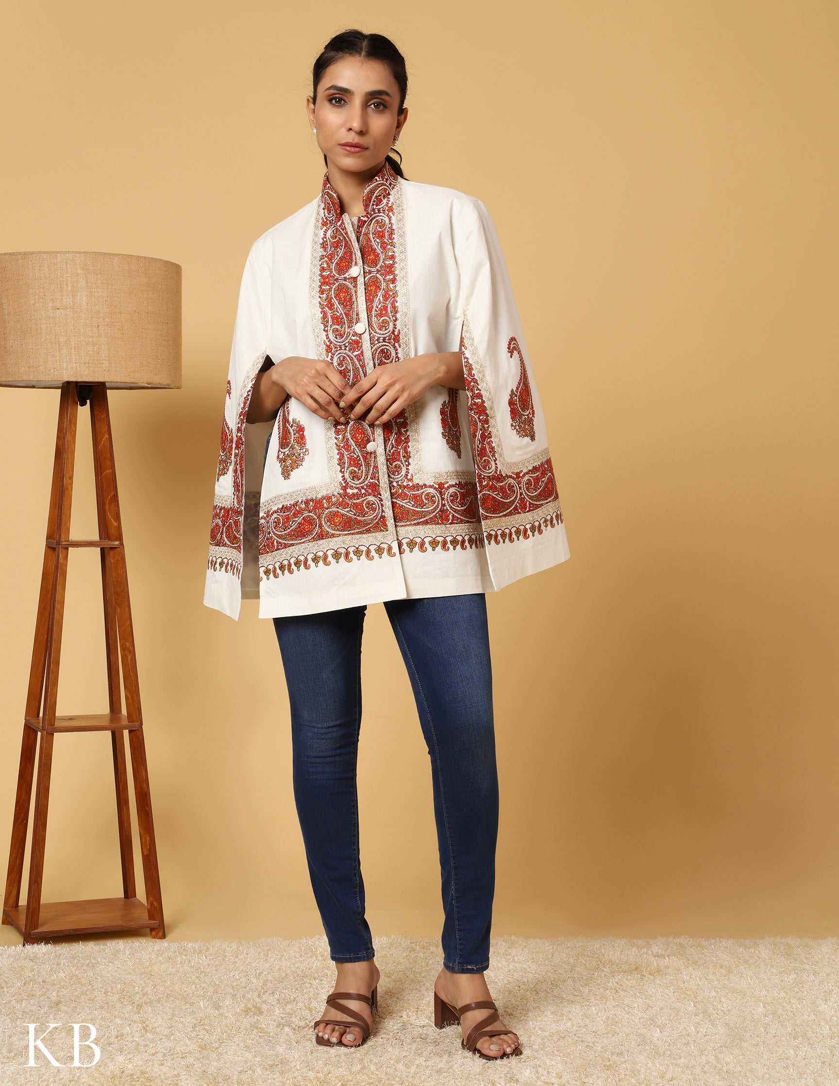 Bright White Sozni Zari Woolen Cape Jacket - Kashmir Box