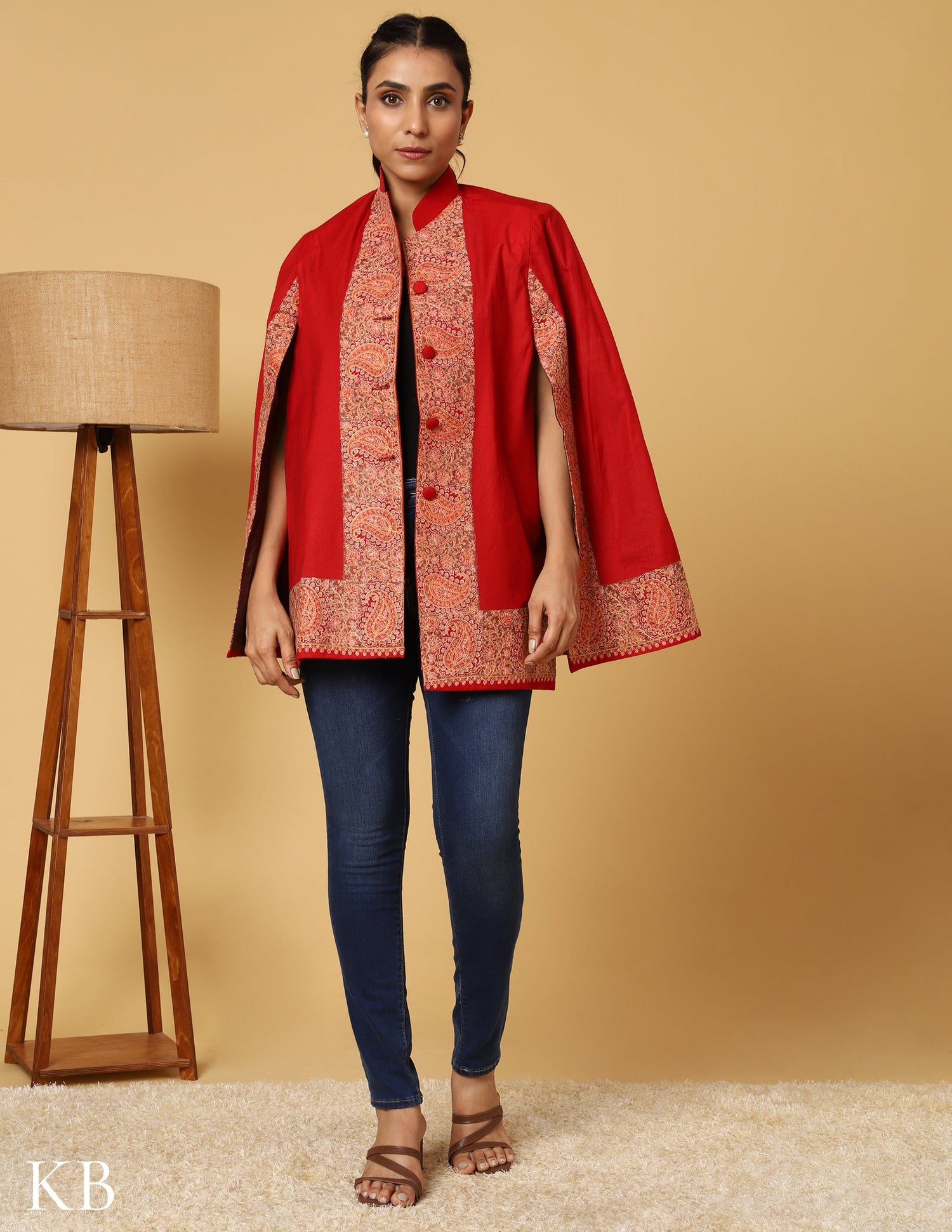 Chilli Red Sozni Zai Woolen Cape Jacket. - Kashmir Box