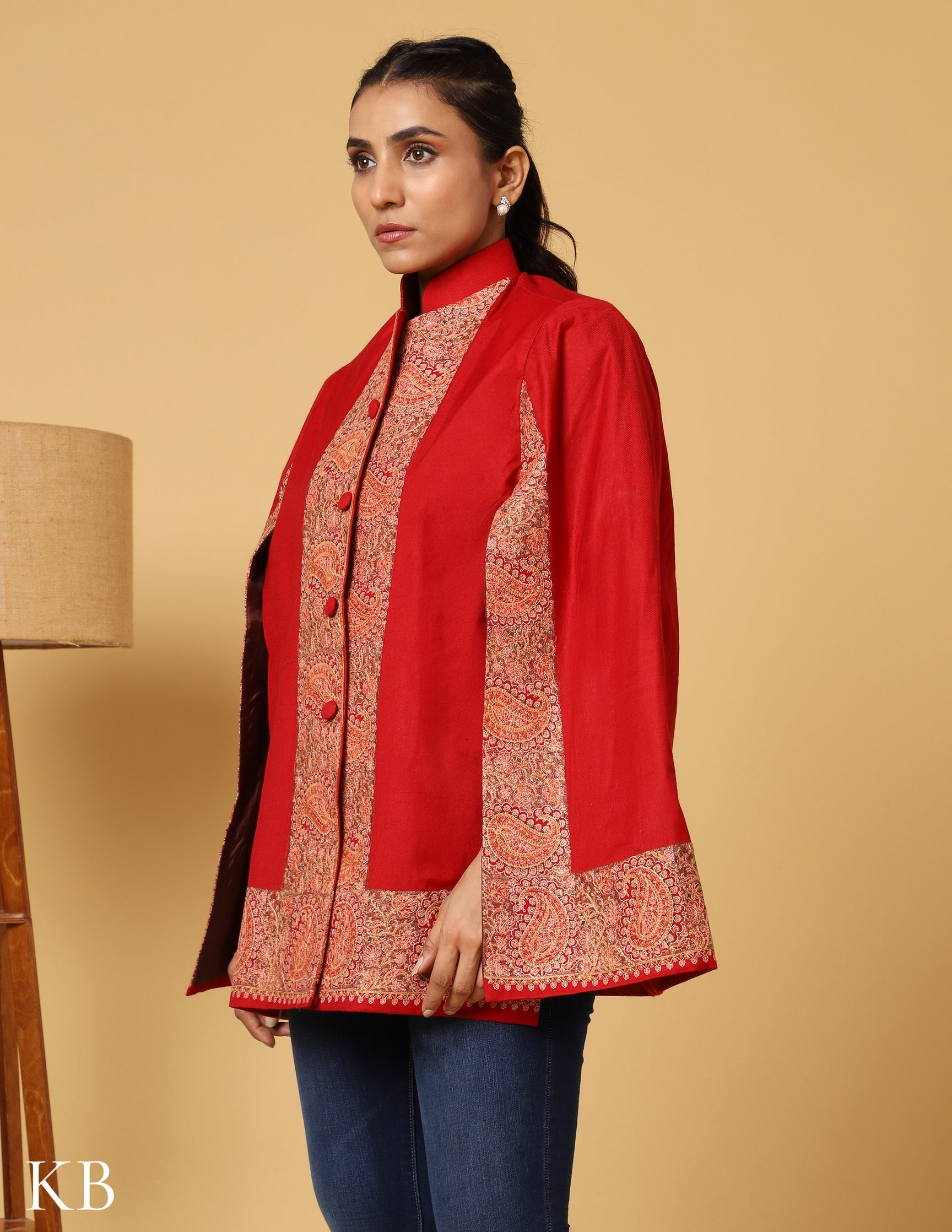 Chilli Red Sozni Zai Woolen Cape Jacket. - Kashmir Box