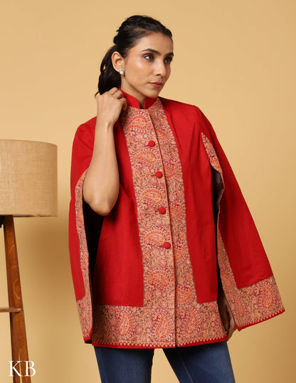 Chilli Red Sozni Zai Woolen Cape Jacket. - Kashmir Box