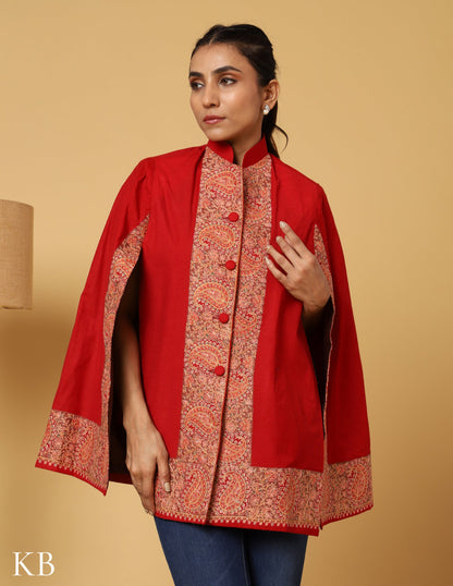 Chilli Red Sozni Zai Woolen Cape Jacket. - Kashmir Box