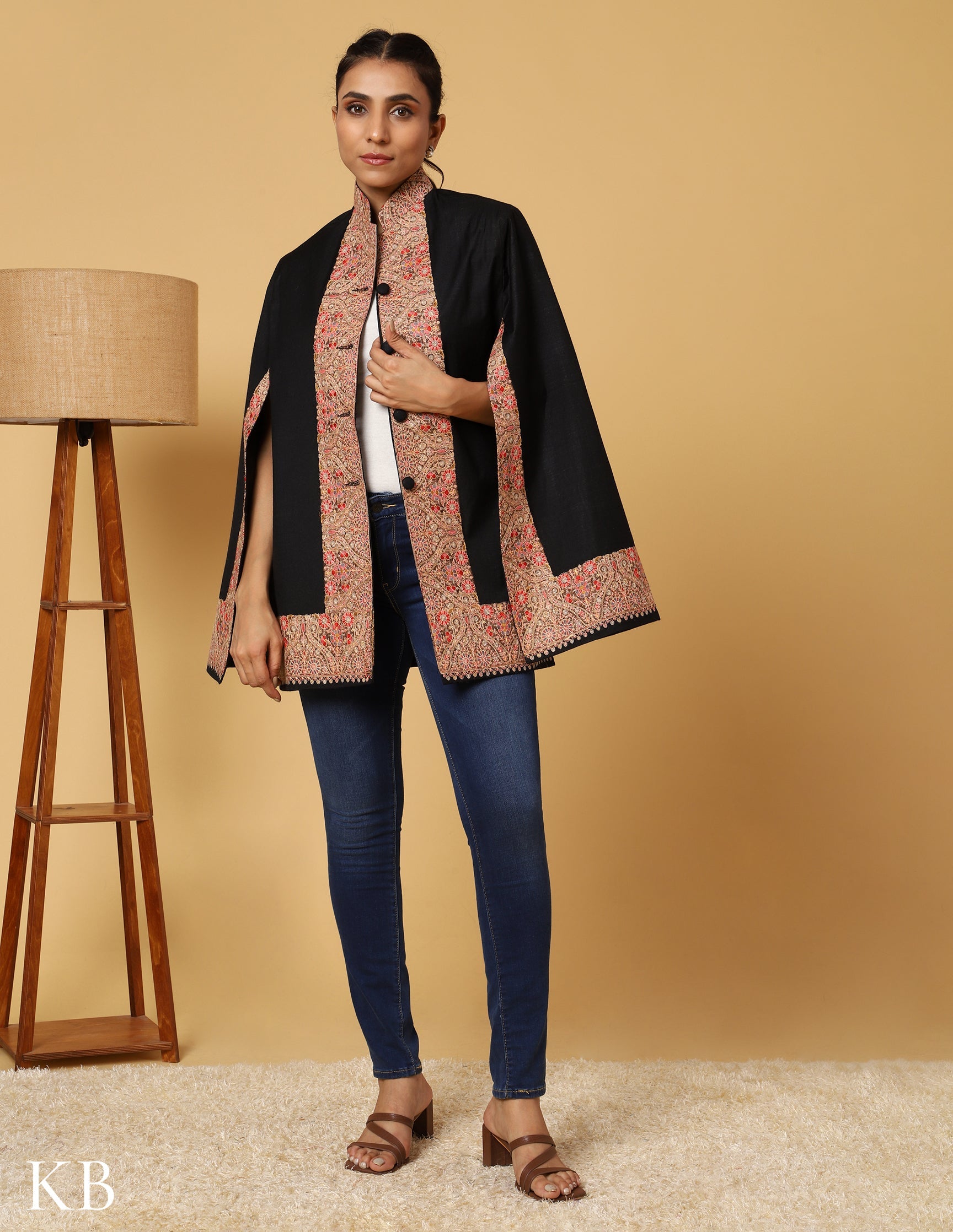 Coal Black Sozni Zari Woolen Cape Jacket - Kashmir Box