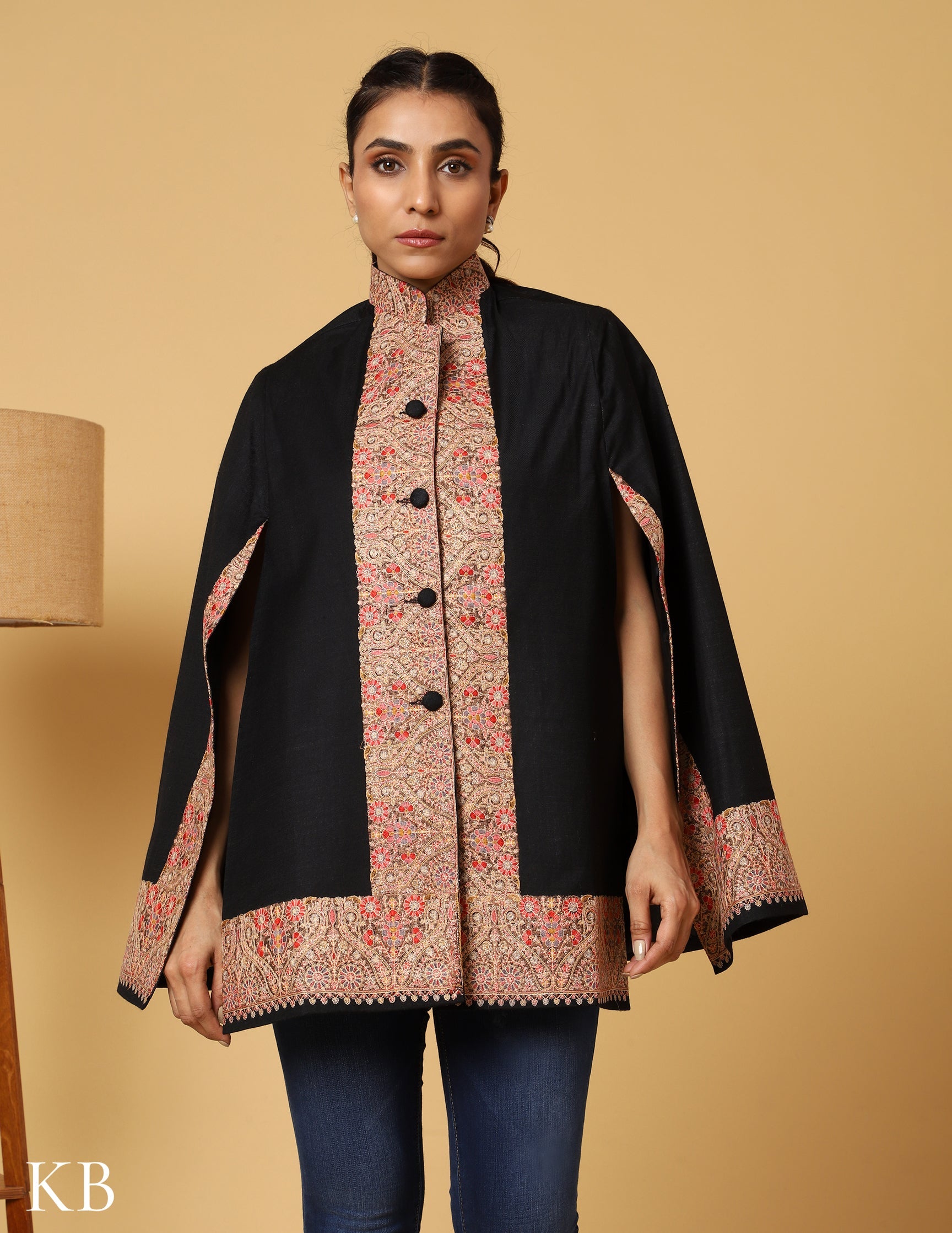 Coal Black Sozni Zari Woolen Cape Jacket - Kashmir Box