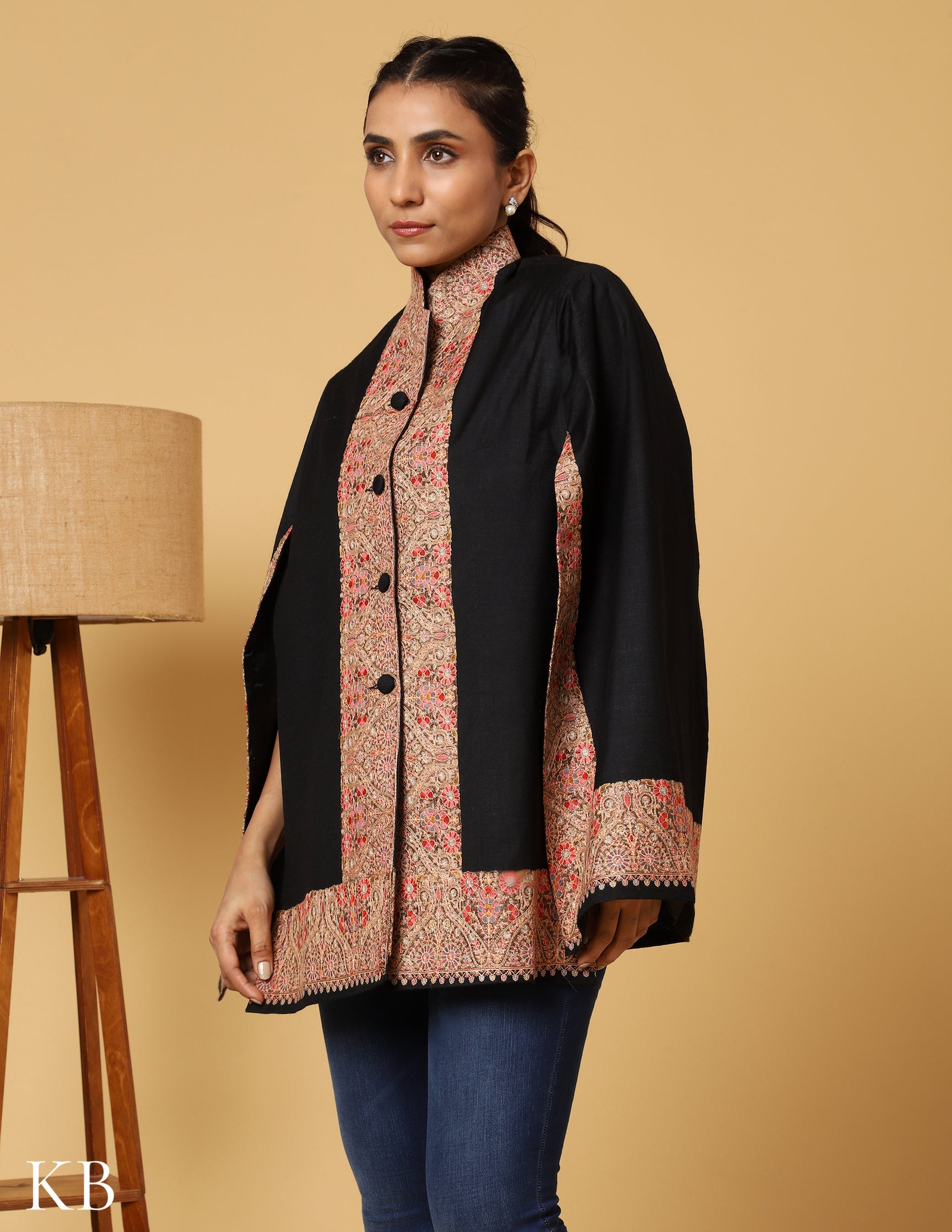 Coal Black Sozni Zari Woolen Cape Jacket - Kashmir Box