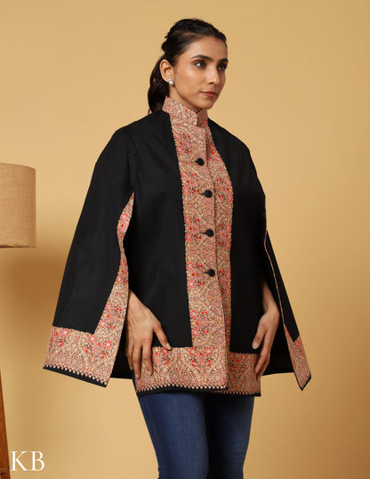 Coal Black Sozni Zari Woolen Cape Jacket - Kashmir Box