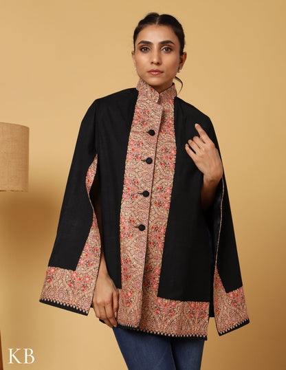 Coal Black Sozni Zari Woolen Cape Jacket - Kashmir Box