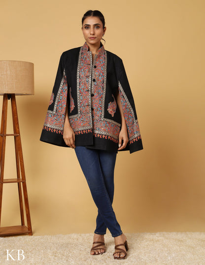 Jet Black Sozni Zari Woolen Cape Jacket - Kashmir Box