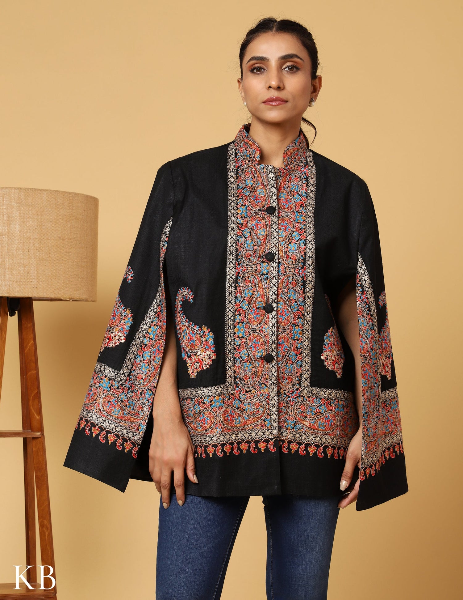 Jet Black Sozni Zari Woolen Cape Jacket - Kashmir Box