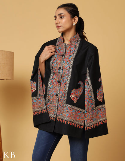 Jet Black Sozni Zari Woolen Cape Jacket - Kashmir Box